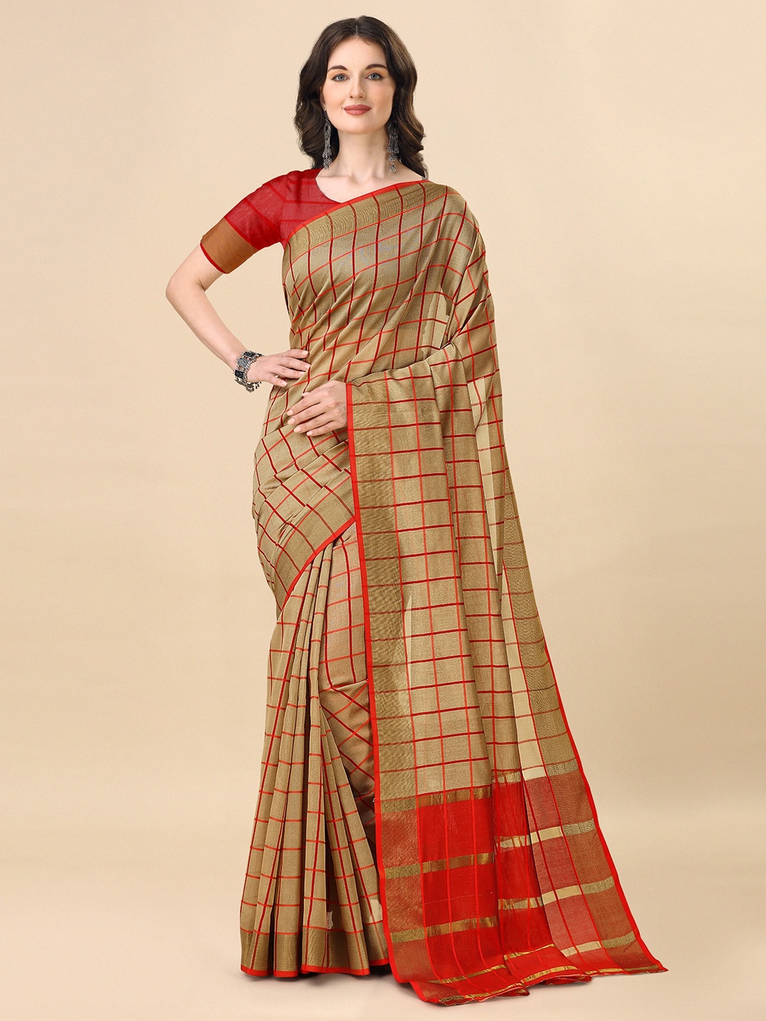 

Indian Fashionista Checked Zari Silk Cotton Ikat Saree, Brown