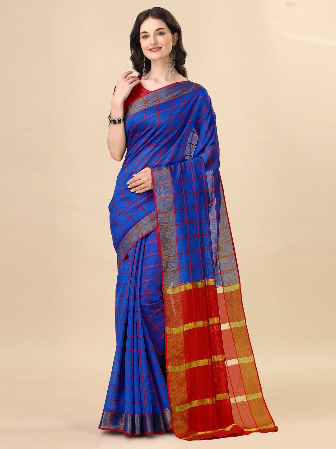 

Indian Fashionista Checked Zari Silk Cotton Ikat Saree, Blue