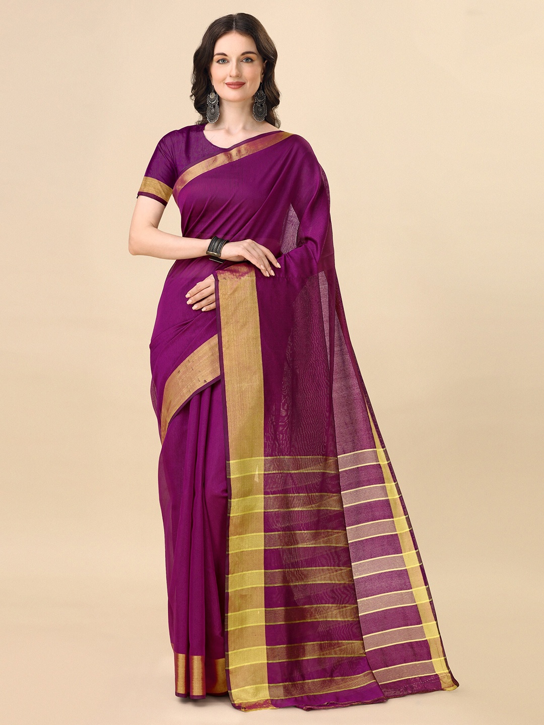 

Indian Fashionista Striped Art Silk Ikat Saree, Purple