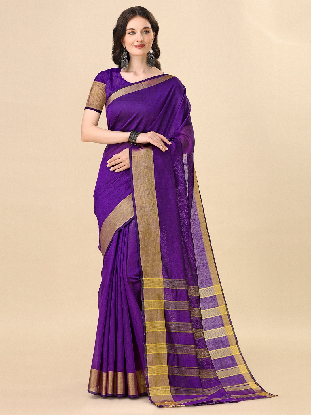

Indian Fashionista Striped Art Silk Ikat Saree, Violet