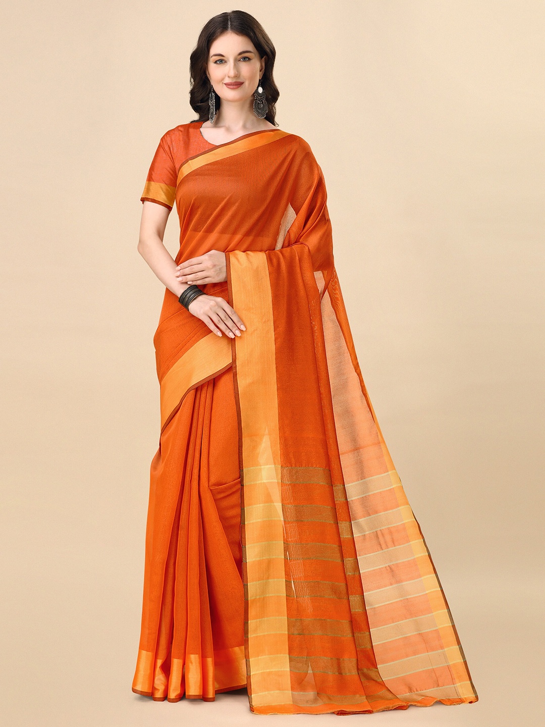 

Indian Fashionista Striped Art Silk Ikat Saree, Orange