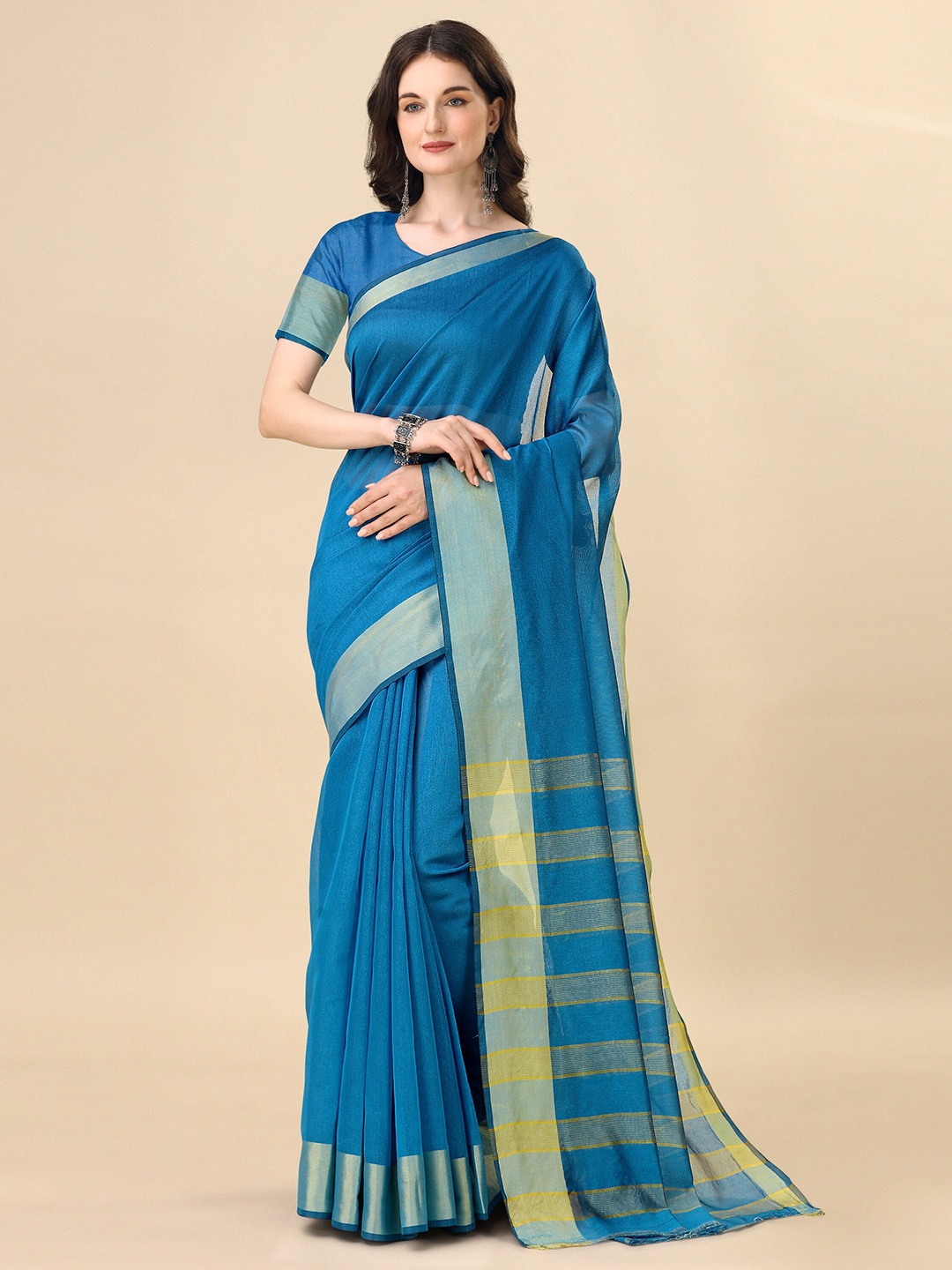 

Indian Fashionista Striped Art Silk Ikat Saree, Blue