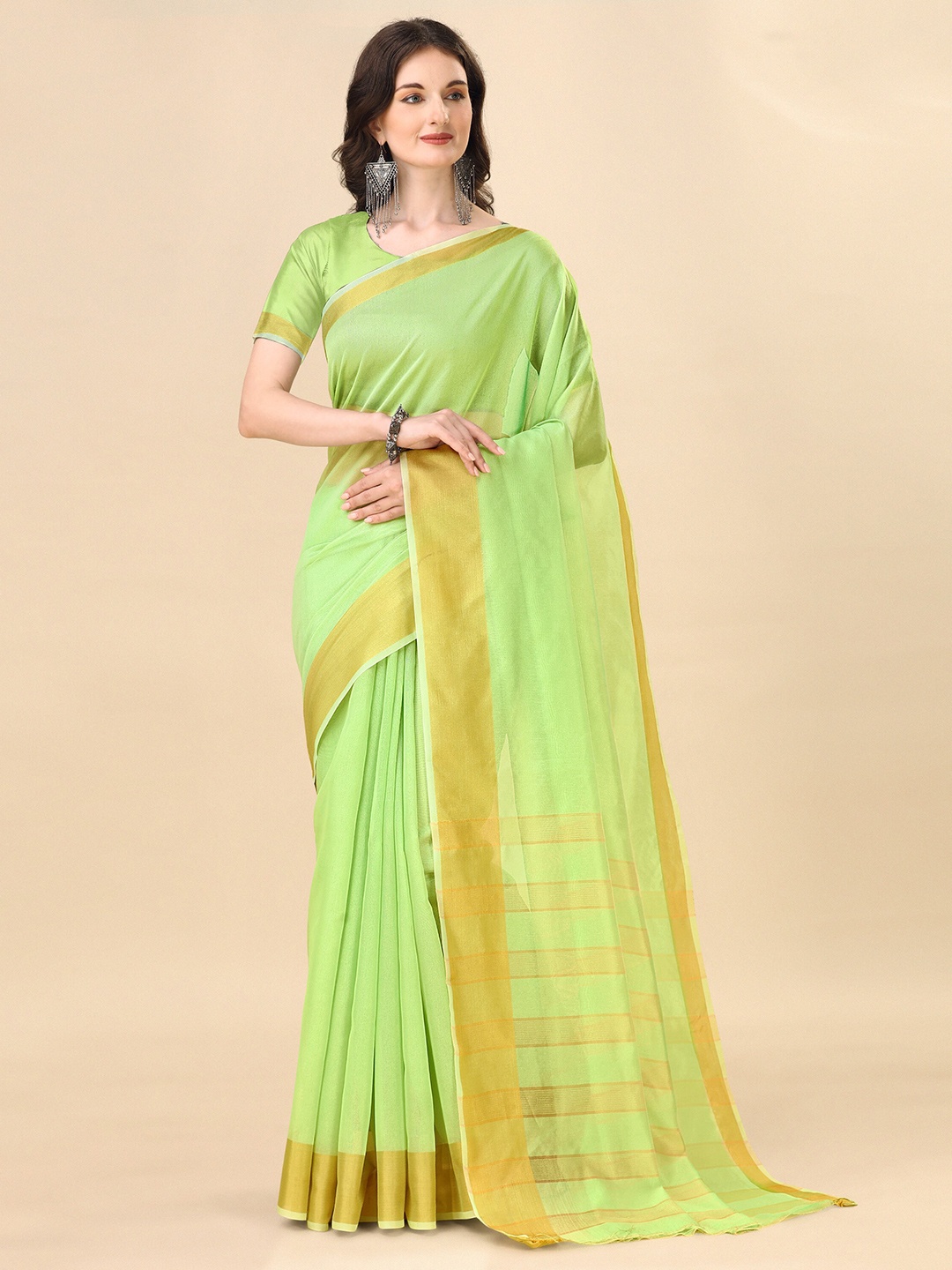 

Indian Fashionista Striped Art Silk Ikat Saree, Green