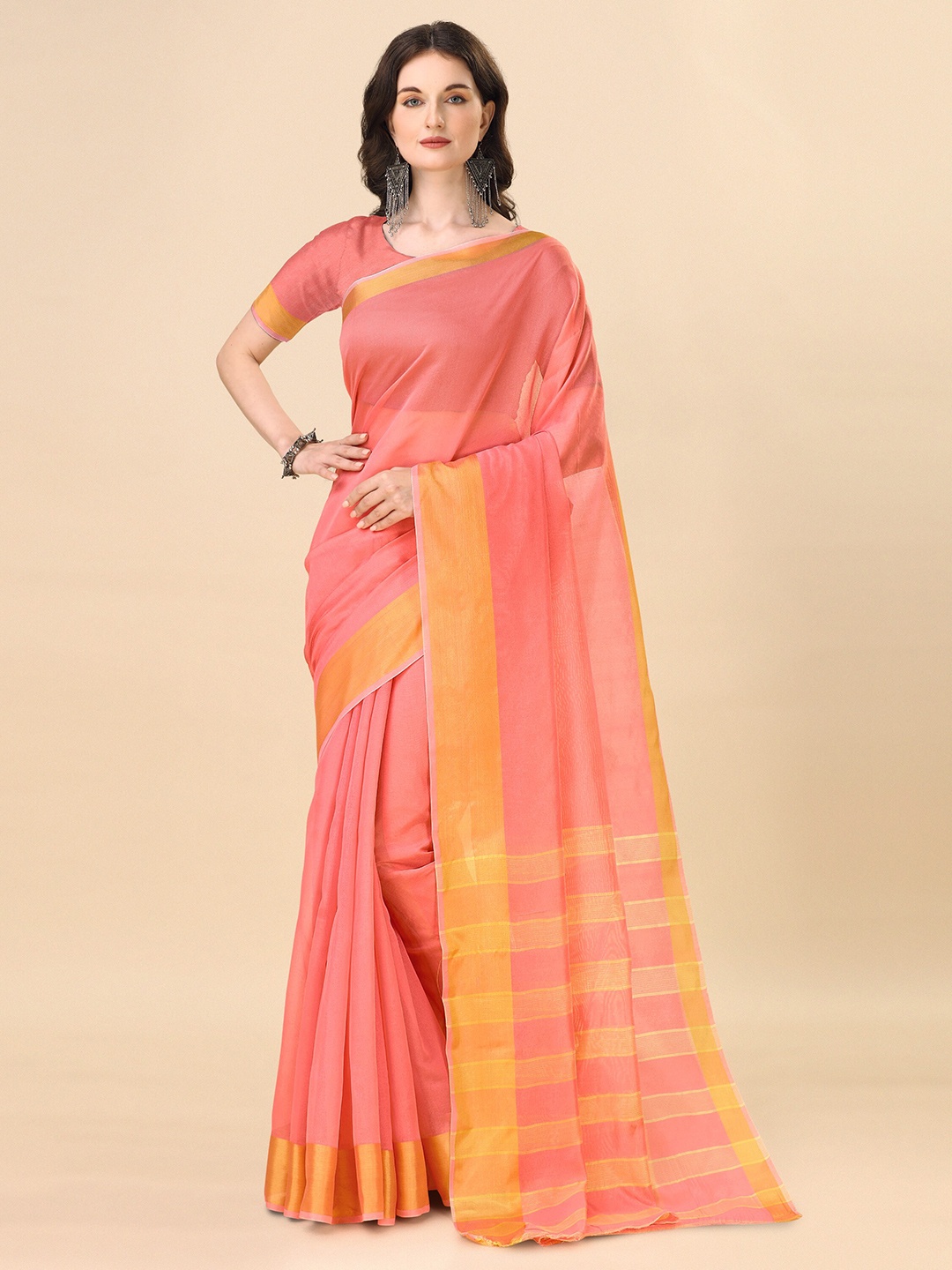 

Indian Fashionista Striped Art Silk Ikat Saree, Pink