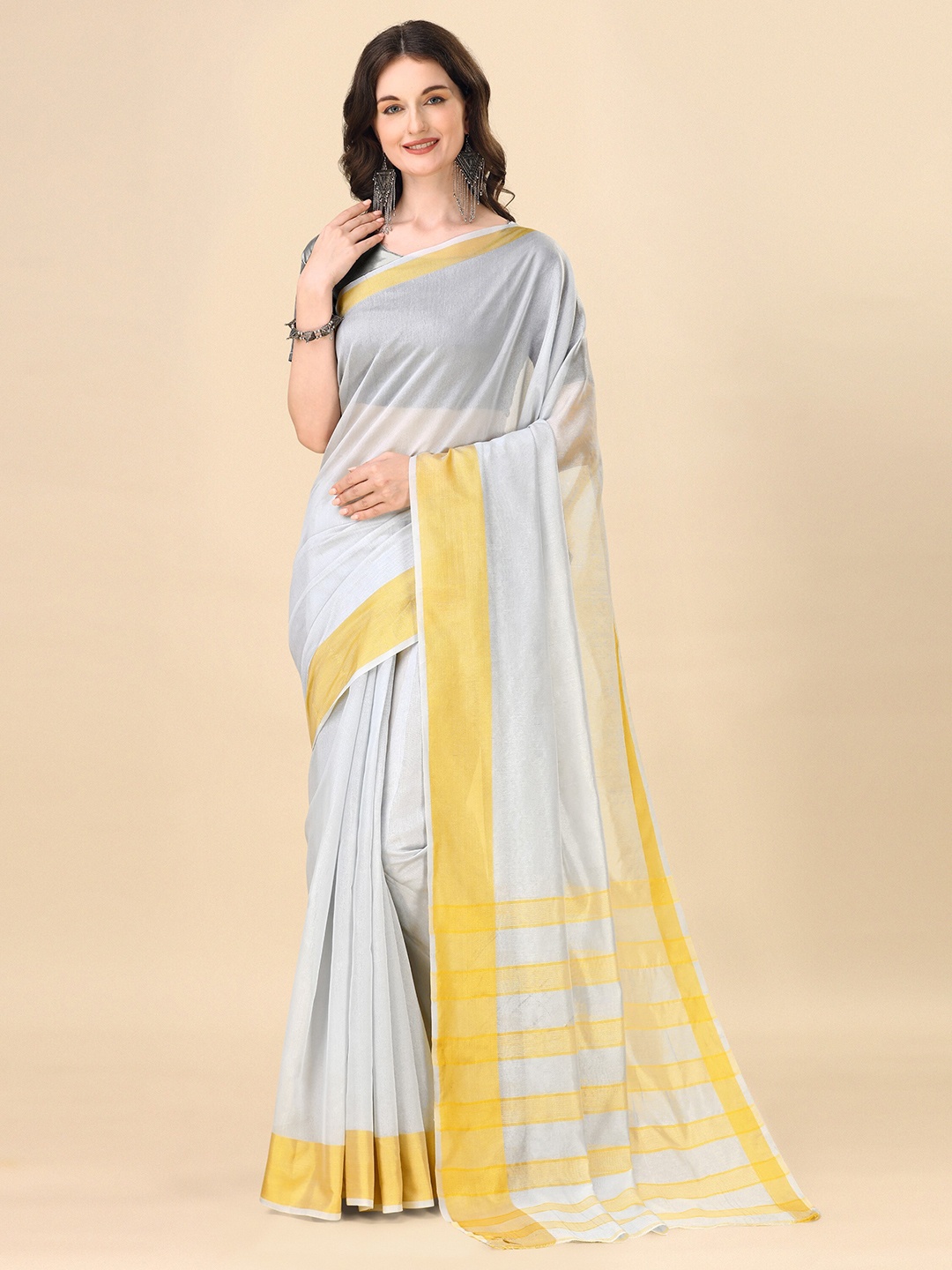

Indian Fashionista Striped Art Silk Ikat Saree, Cream