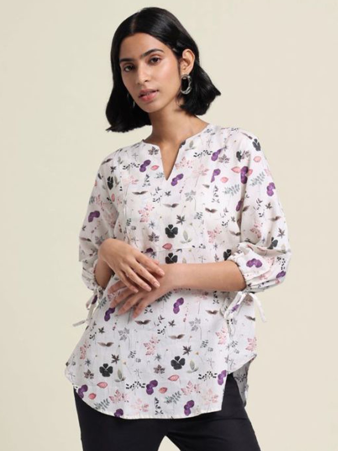 

Bombay Bloom Floral Printed Linen Tunic, White