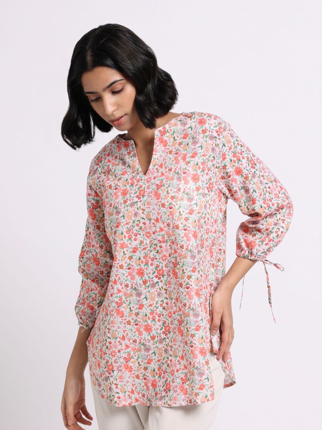 

Bombay Bloom Floral Printed Linen Tunic, White