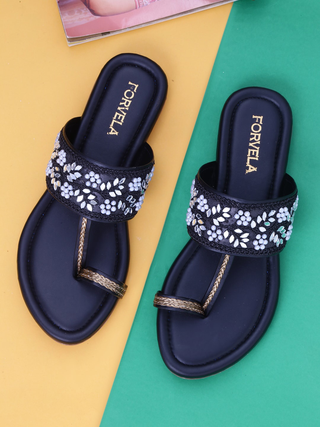 

FORVELA Embellished Ethnic One Toe Flats, Black