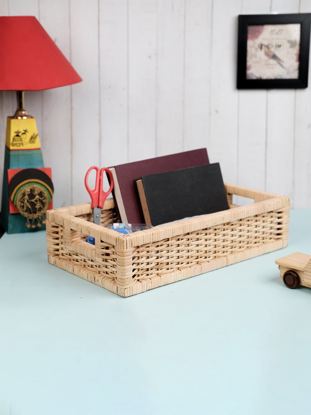 

VarEesha Beige Rectangular Rattan Wicker Basket Desk Organiser