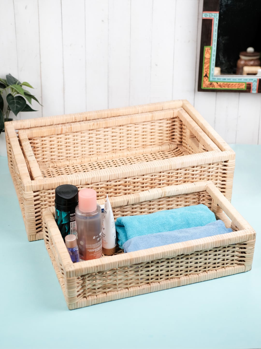 

VarEesha Beige Handcrafted Rectangular Rattan Wicker Basket Bathroom Organiser