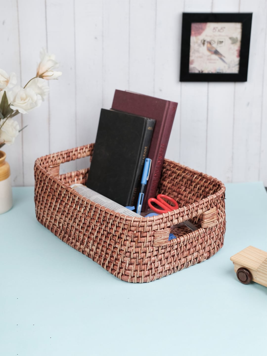 

VarEesha Brown Rectangular Rattan Wicker Basket Desk Organiser