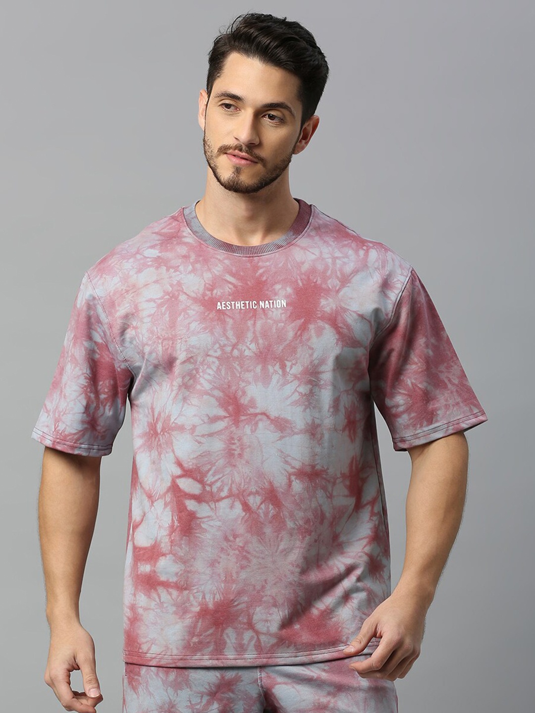 

AESTHETIC NATION Tie and Dye Printed Round Neck Cotton Oversized T-shirt, Grey