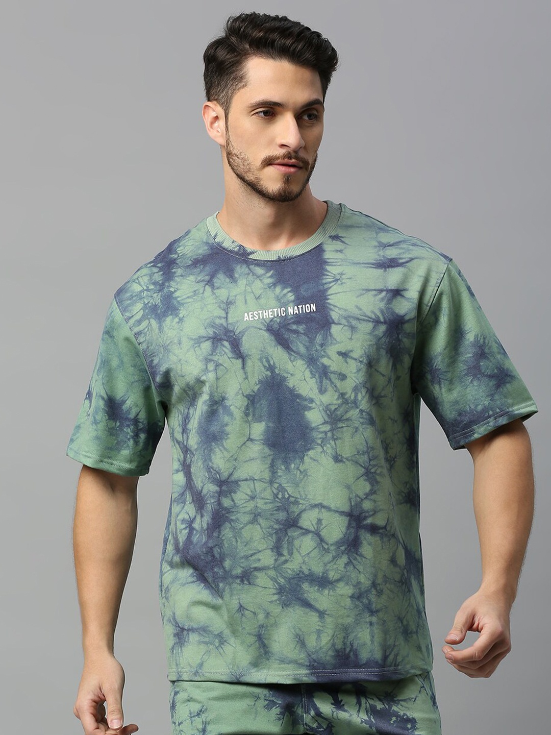 

AESTHETIC NATION Tie and Dye Printed Round Neck Cotton Oversized T-shirt, Green