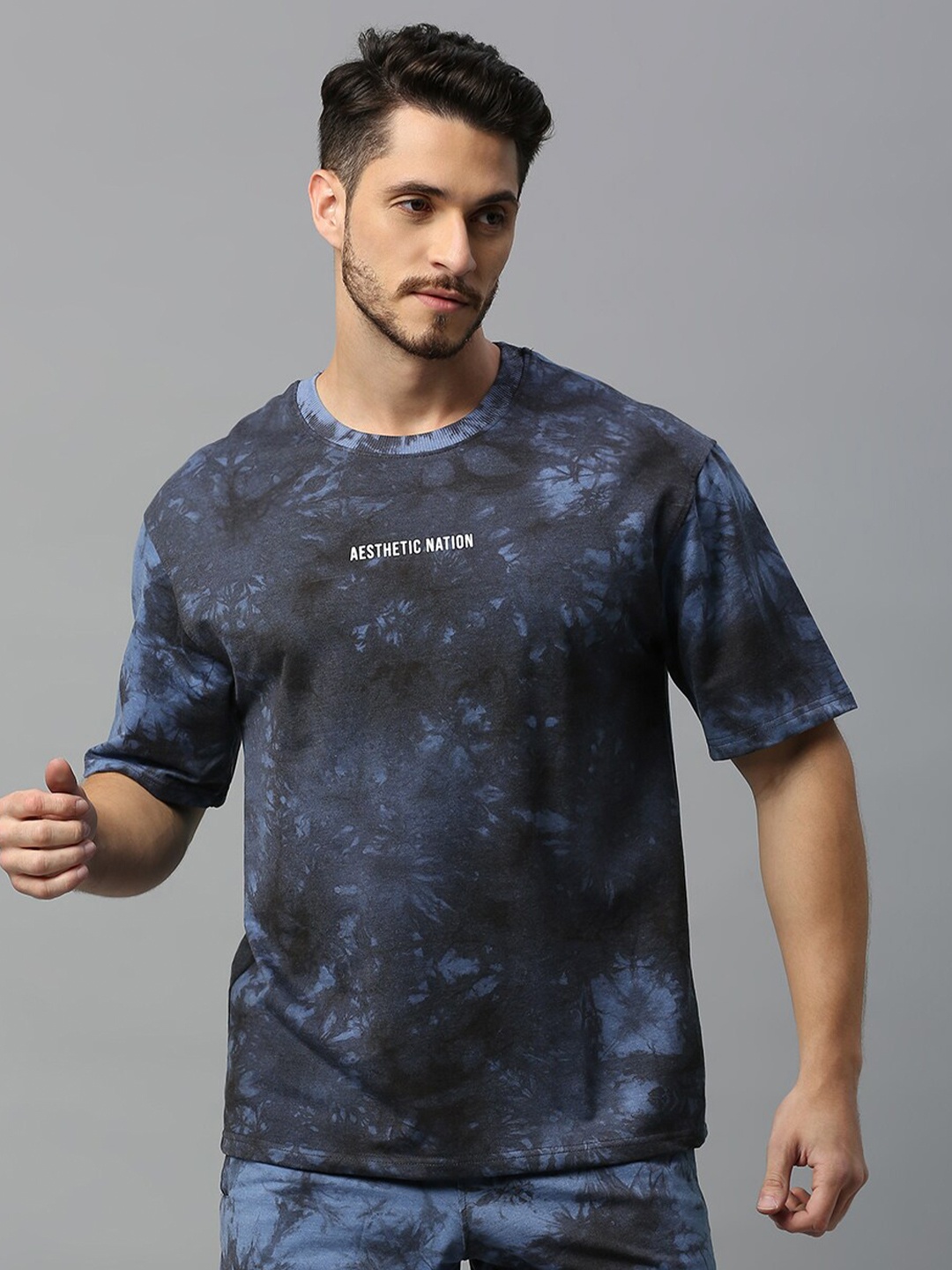 

AESTHETIC NATION Tie and Dye Printed Round Neck Cotton Oversized T-shirt, Black