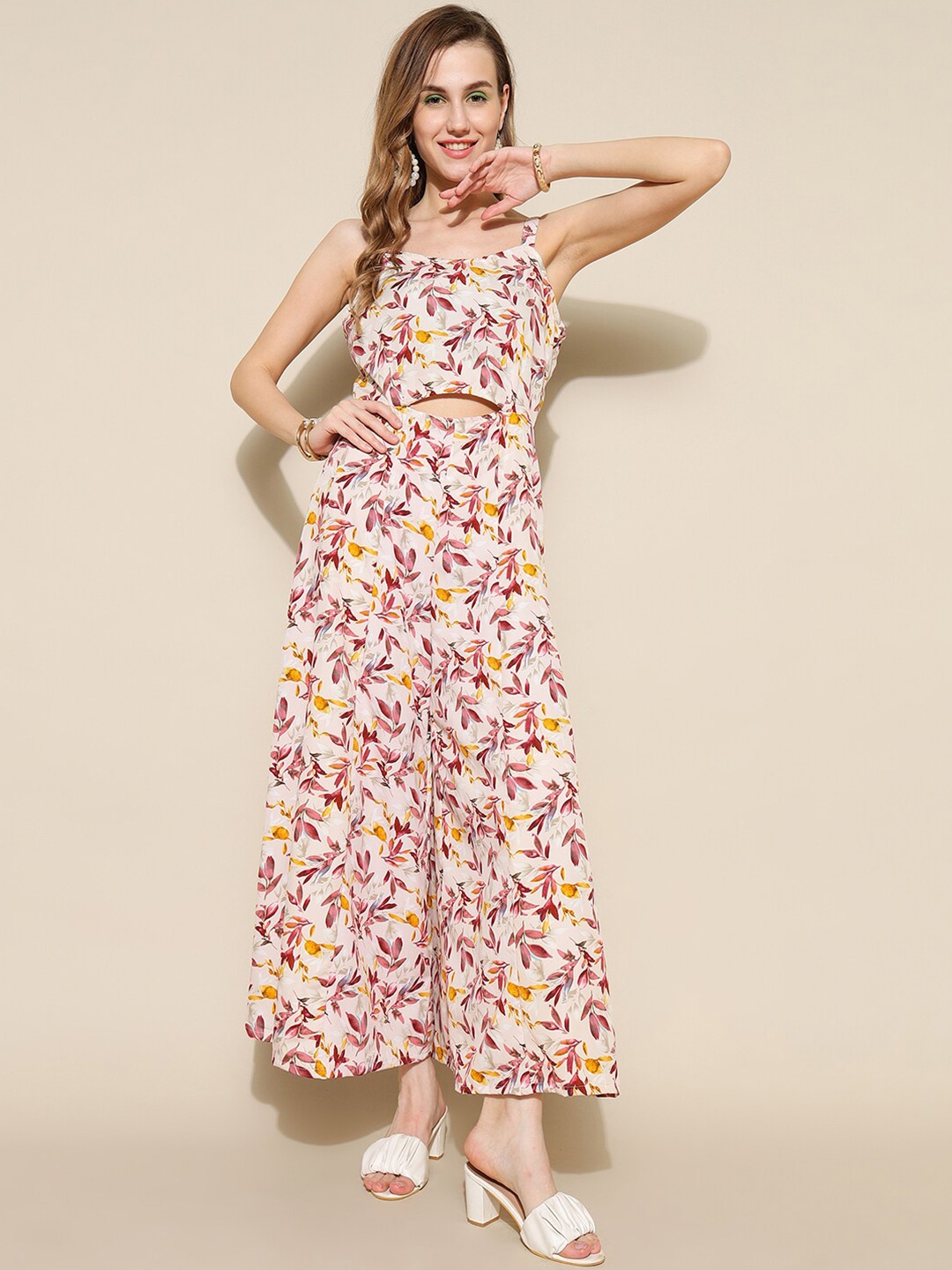 

KALINI Flora Print Shoulder Straps Basic Jumpsuit, Pink