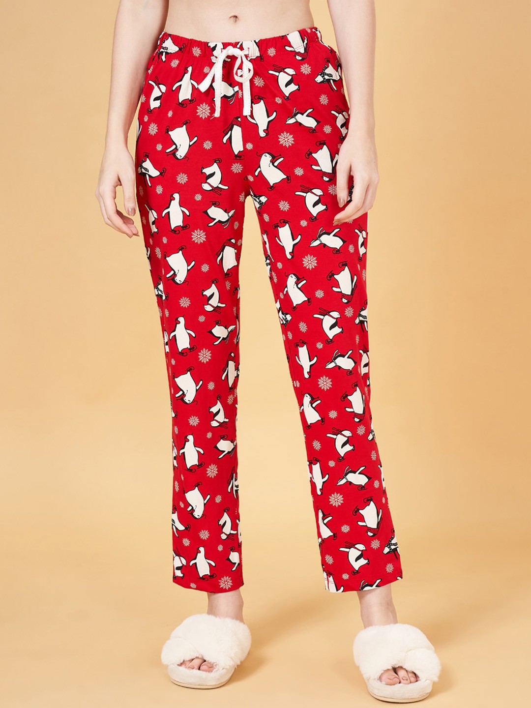 

Dreamz by Pantaloons Women Conversational Printed Cotton Straight Lounge Pants, Red
