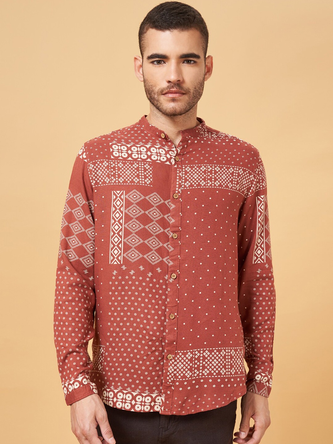 

7 Alt by Pantaloons Geometric Printed Mandarin Collar Casual Shirt, Rust