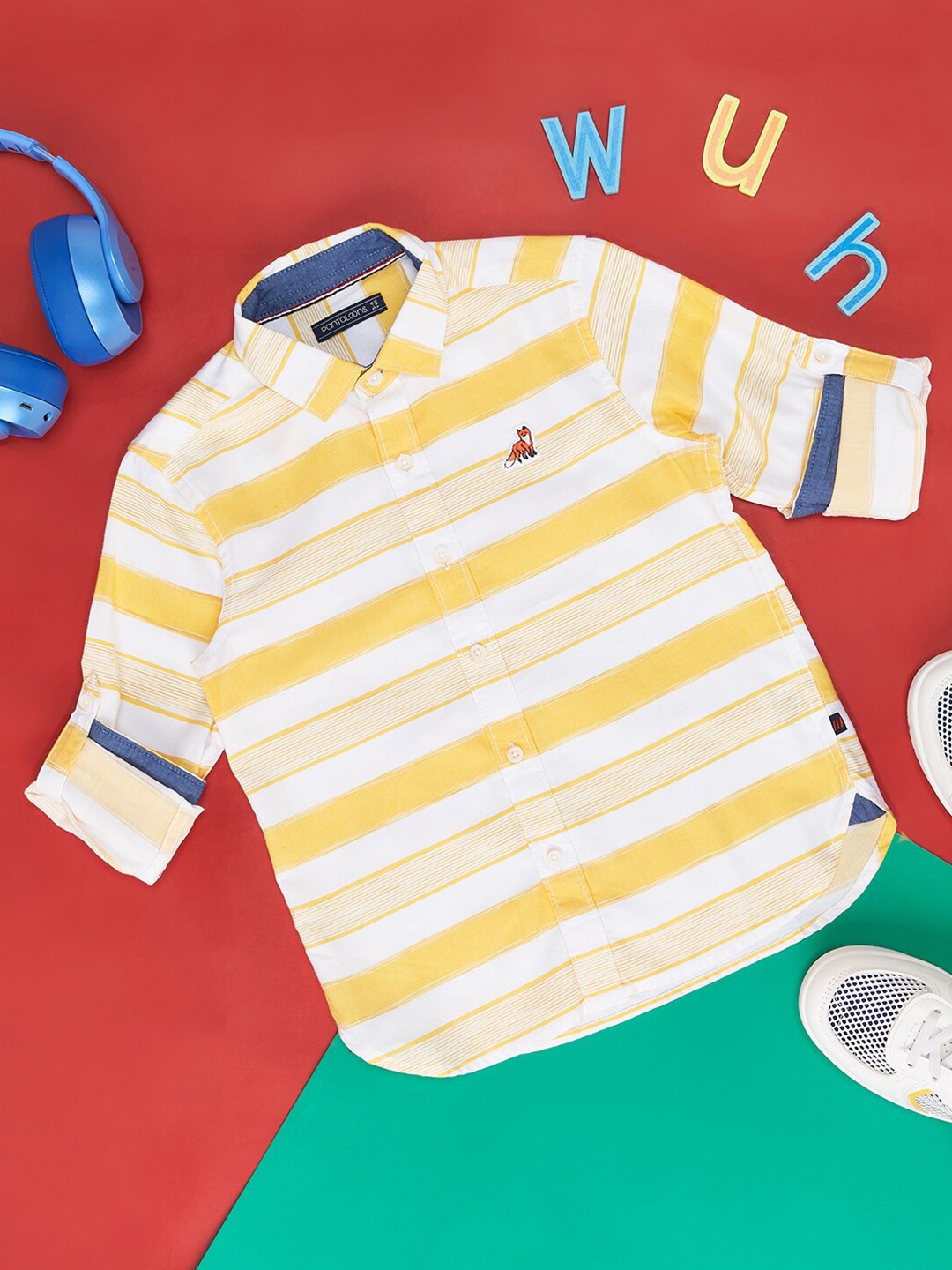 Pantaloons Junior Boys Striped Spread Collar Roll-Up Sleeves Cotton Casual Shirt, Yellow