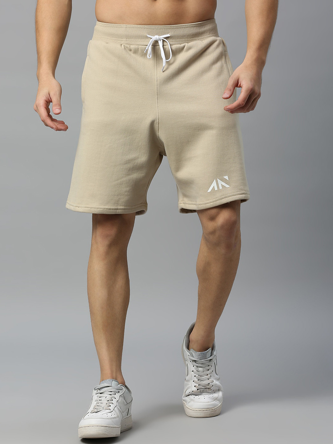 

AESTHETIC NATION Men Mid Rise Training Or Gym Sports Shorts, Beige