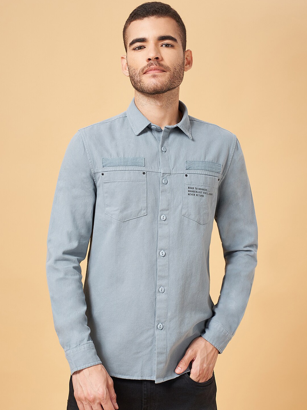 

People Slim Fit Spread Collar Long Sleeve Cotton Pocket Casual Shirt, Blue