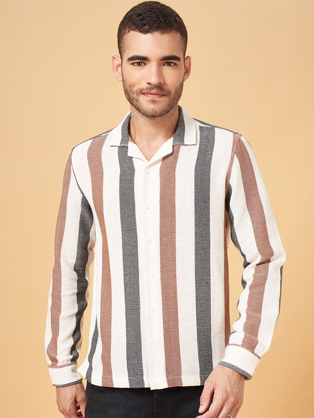 

People Opaque Striped Cotton Casual Shirt, Brown