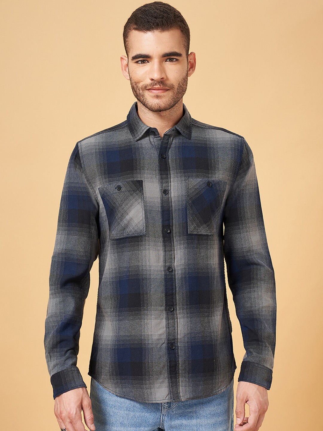 

SF JEANS by Pantaloons Slim Fit Opaque Checked Cotton Casual Shirt, Blue