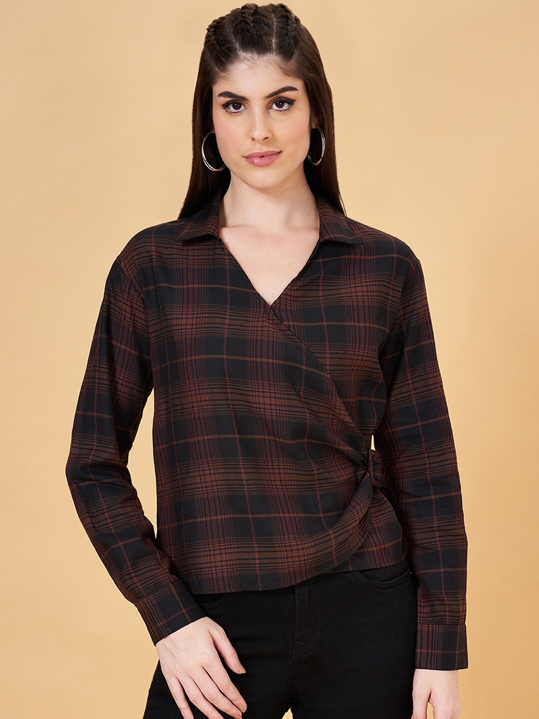 

SF JEANS by Pantaloons Checked Opaque Wrap Top, Brown