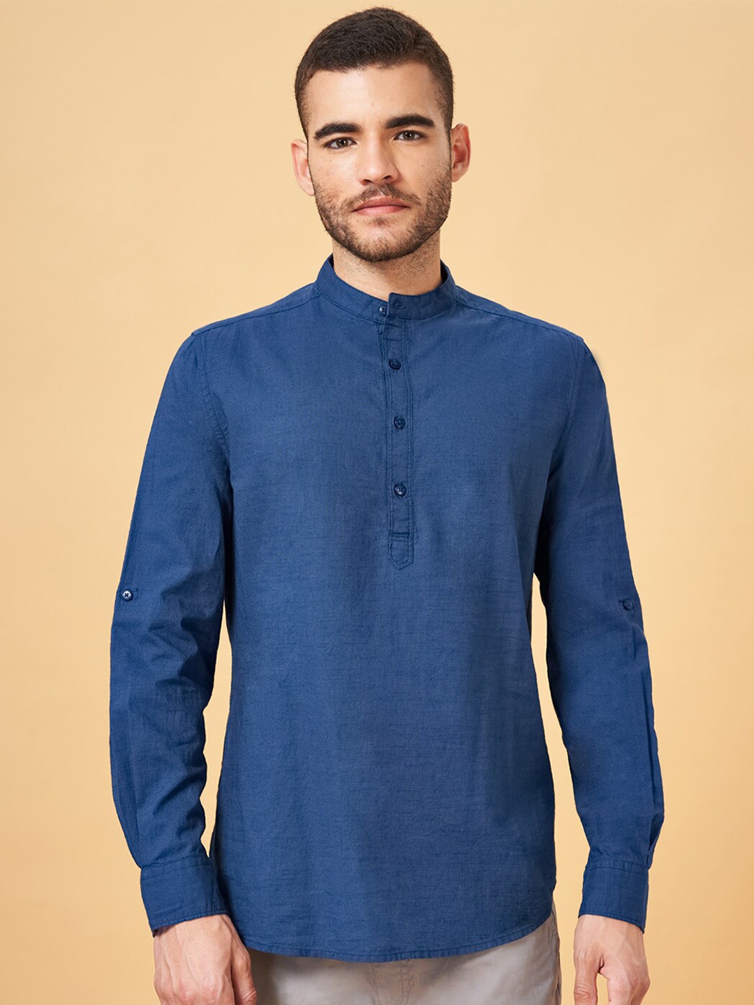 

Urban Ranger by pantaloons Mandarin Collar Cotton Casual Shirt, Navy blue