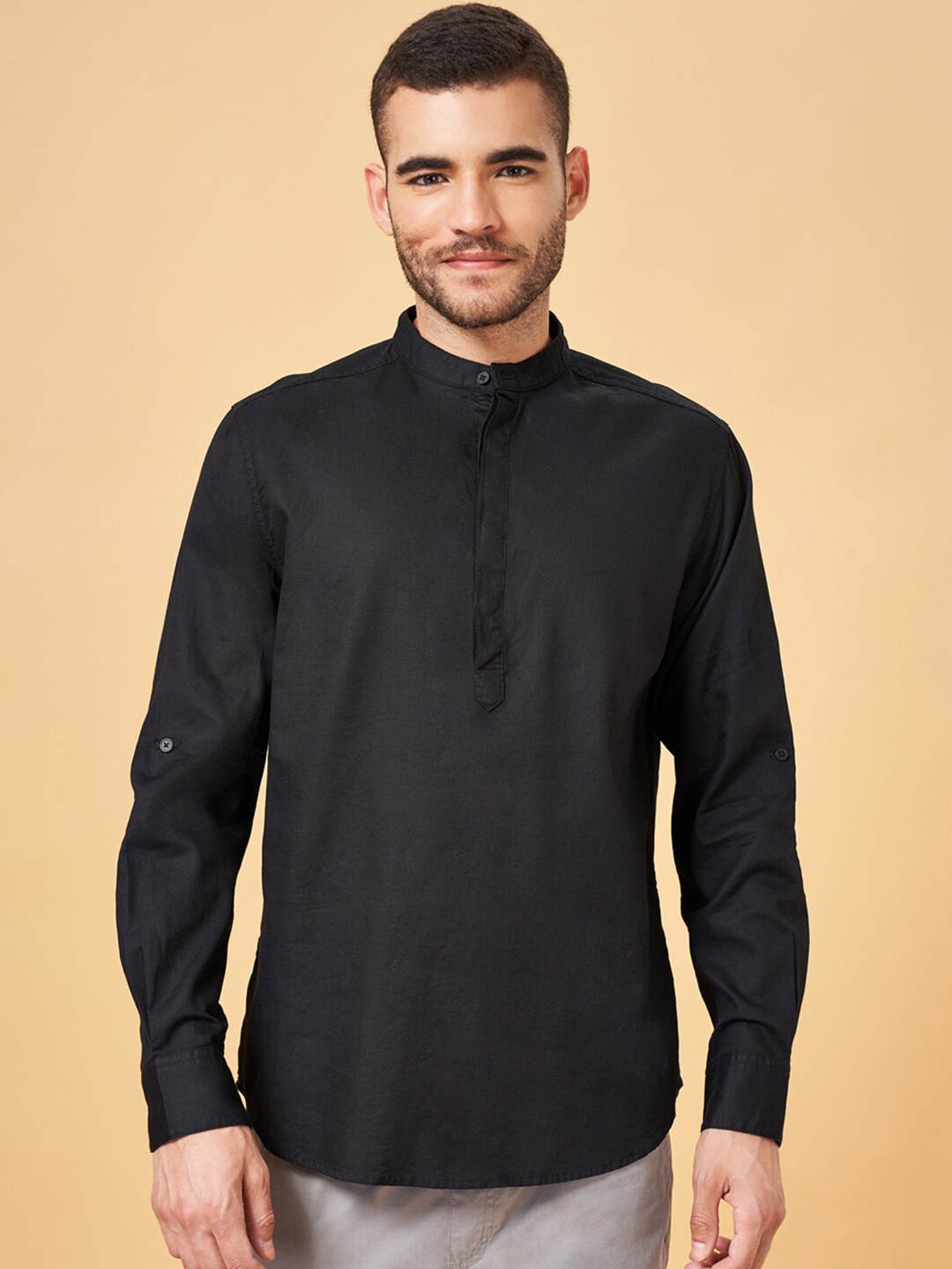 

Urban Ranger by pantaloons Mandarin Collar Cotton Casual Shirt, Black