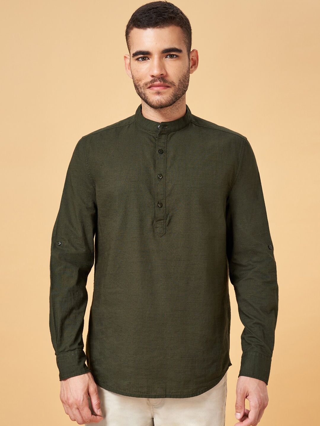 

Urban Ranger by pantaloons Mandarin Collar Cotton Casual Shirt, Olive