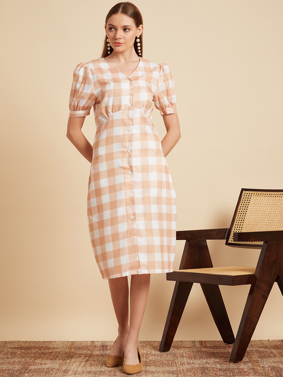 

MINT STREET Checked Puffed Sleeves A-Line Midi Dress, Beige