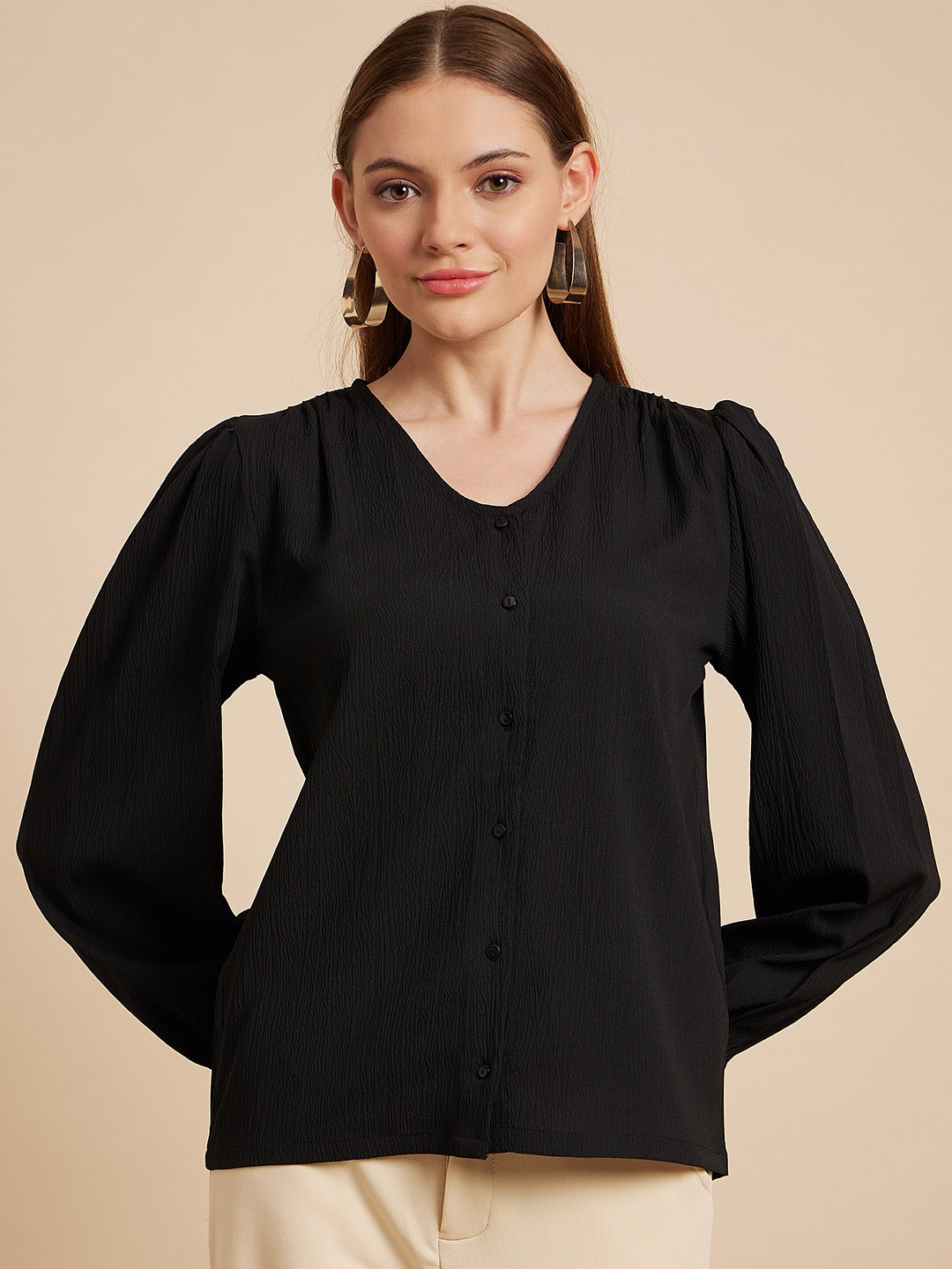 

MINT STREET V-Neck Puff Sleeve Shirt Style Top, Black