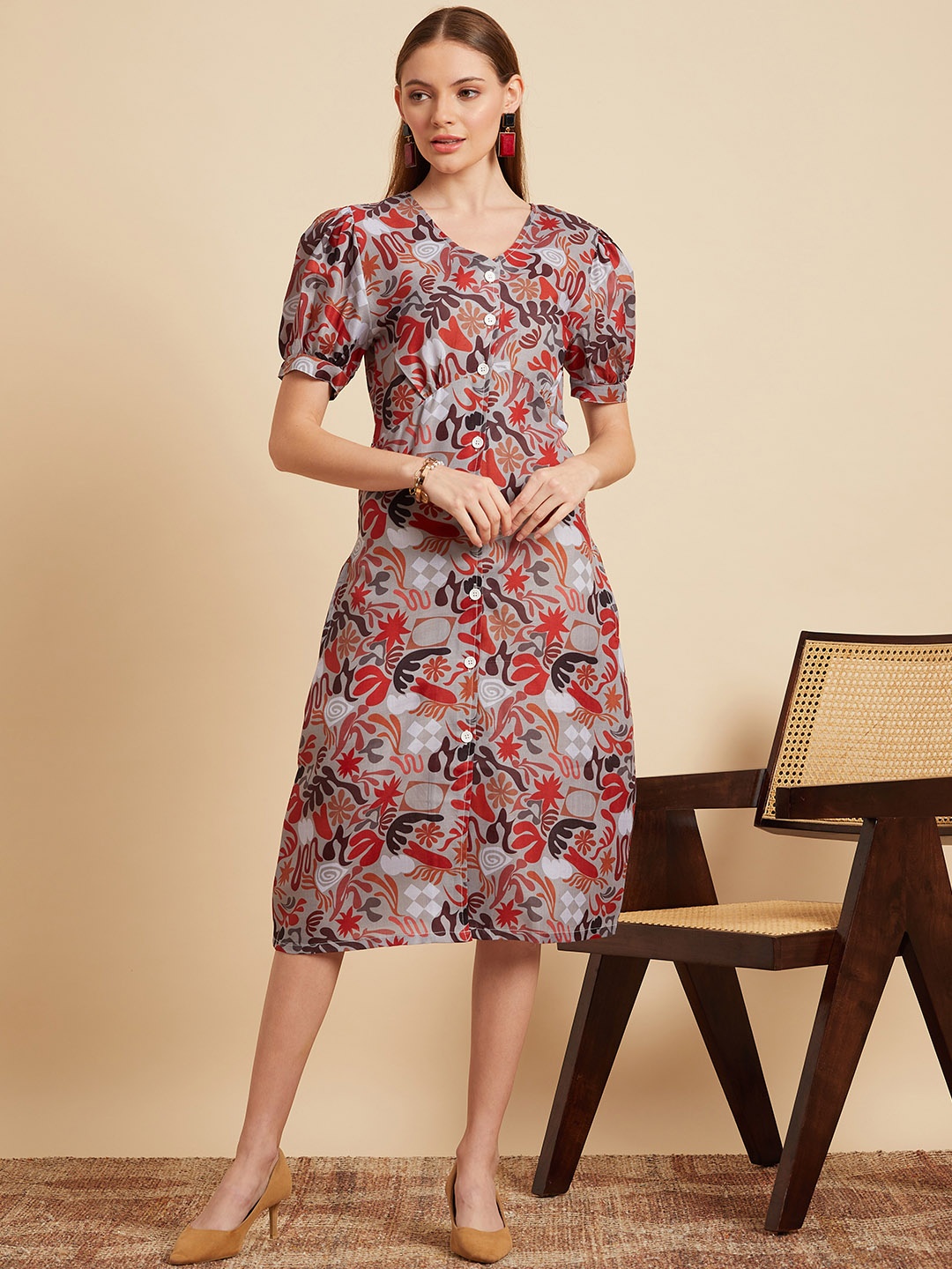 

MINT STREET Floral Printed A Line Dress, Grey