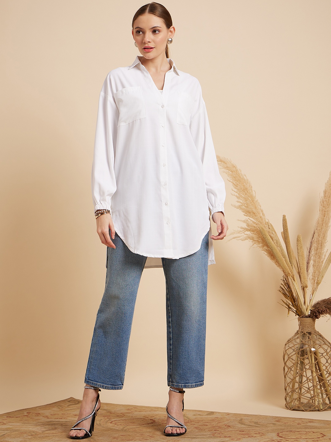

MINT STREET Comfort Checked Oversized Casual Shirt, White