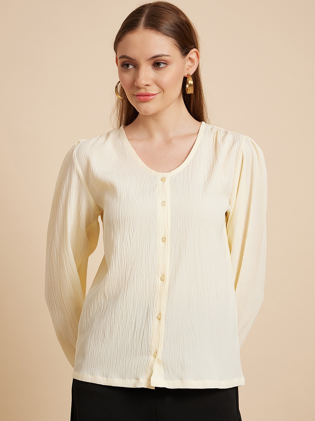 

MINT STREET Self Design Puff Sleeve Shirt Style Top, Cream