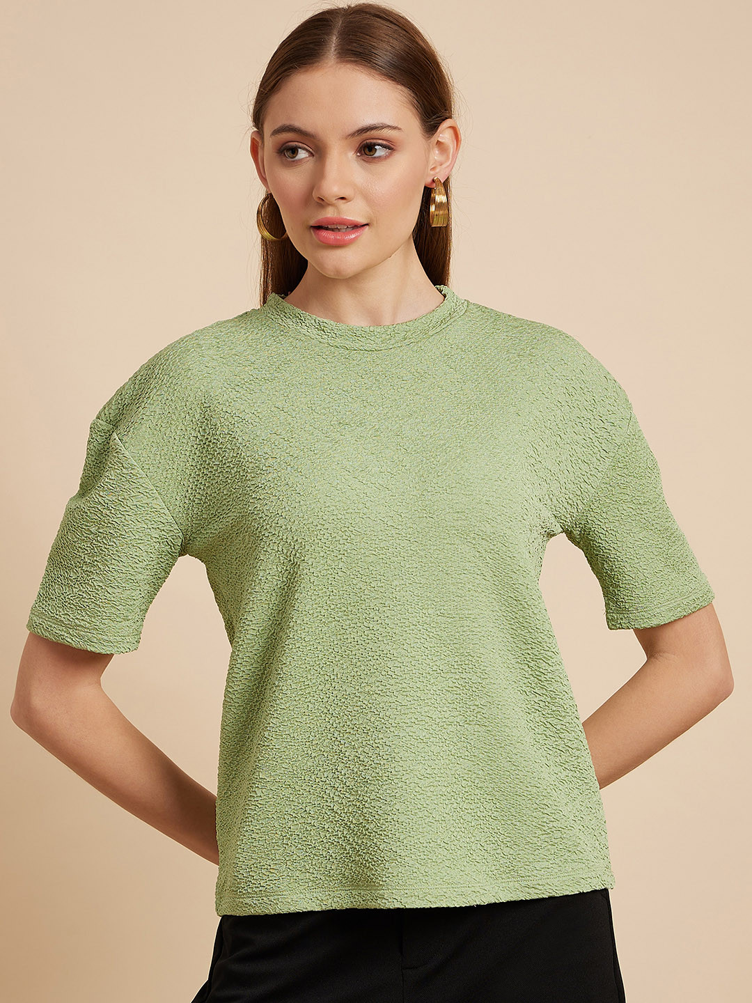 

MINT STREET Self Design Round Neck Top, Green