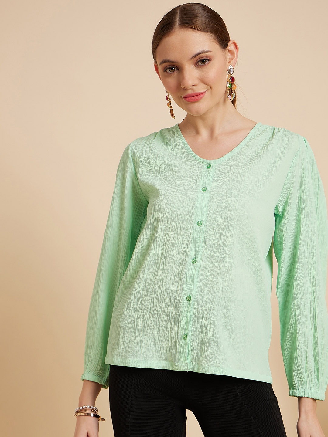 

MINT STREET Self Design Puff Sleeve Shirt Style Top, Green