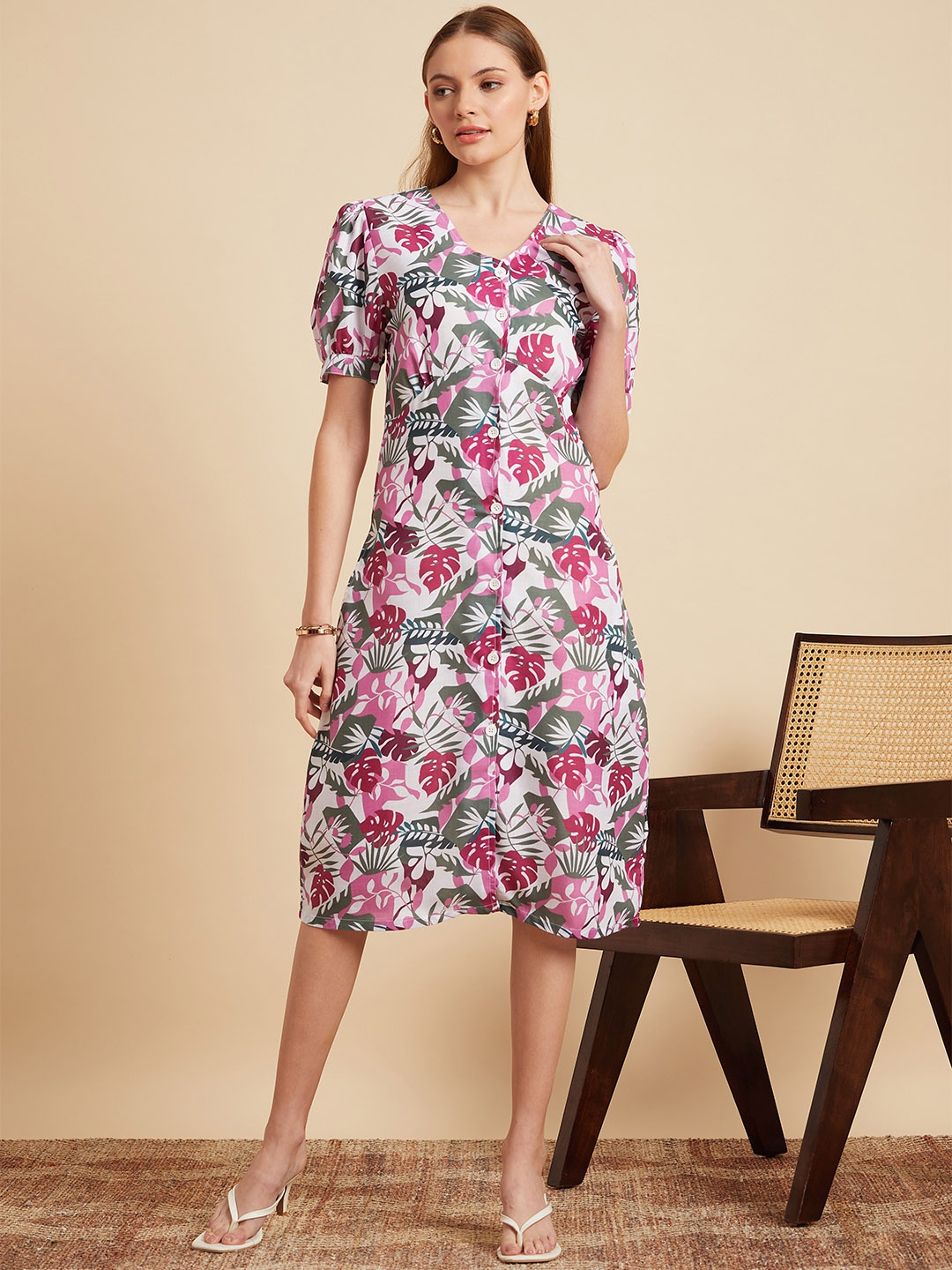 

MINT STREET Floral Printed A Line Dress, White
