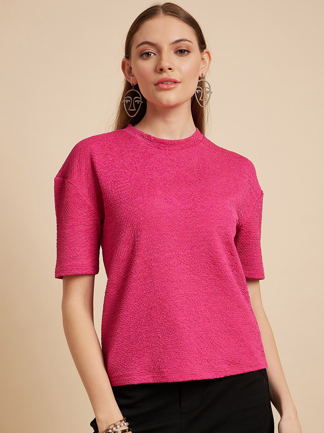 

MINT STREET Self Design Round Neck Top, Pink