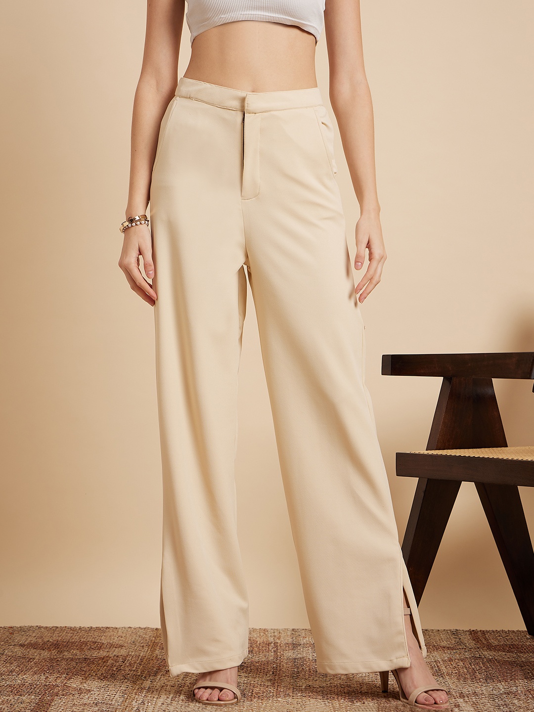 

MINT STREET Women Tailored Straight Fit Parallel Trousers, Beige