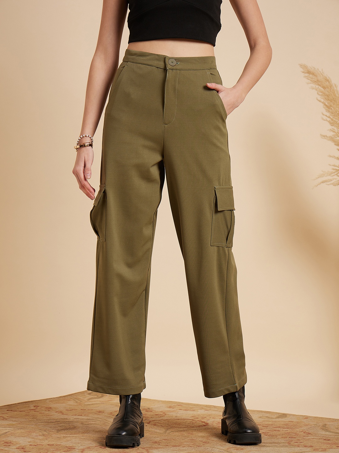

MINT STREET Women Olive Green Tailored Straight Fit Chinos
