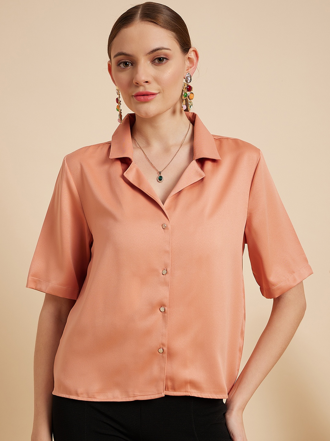 

MINT STREET Comfort Cuban Collar Satin Casual Shirt, Rust