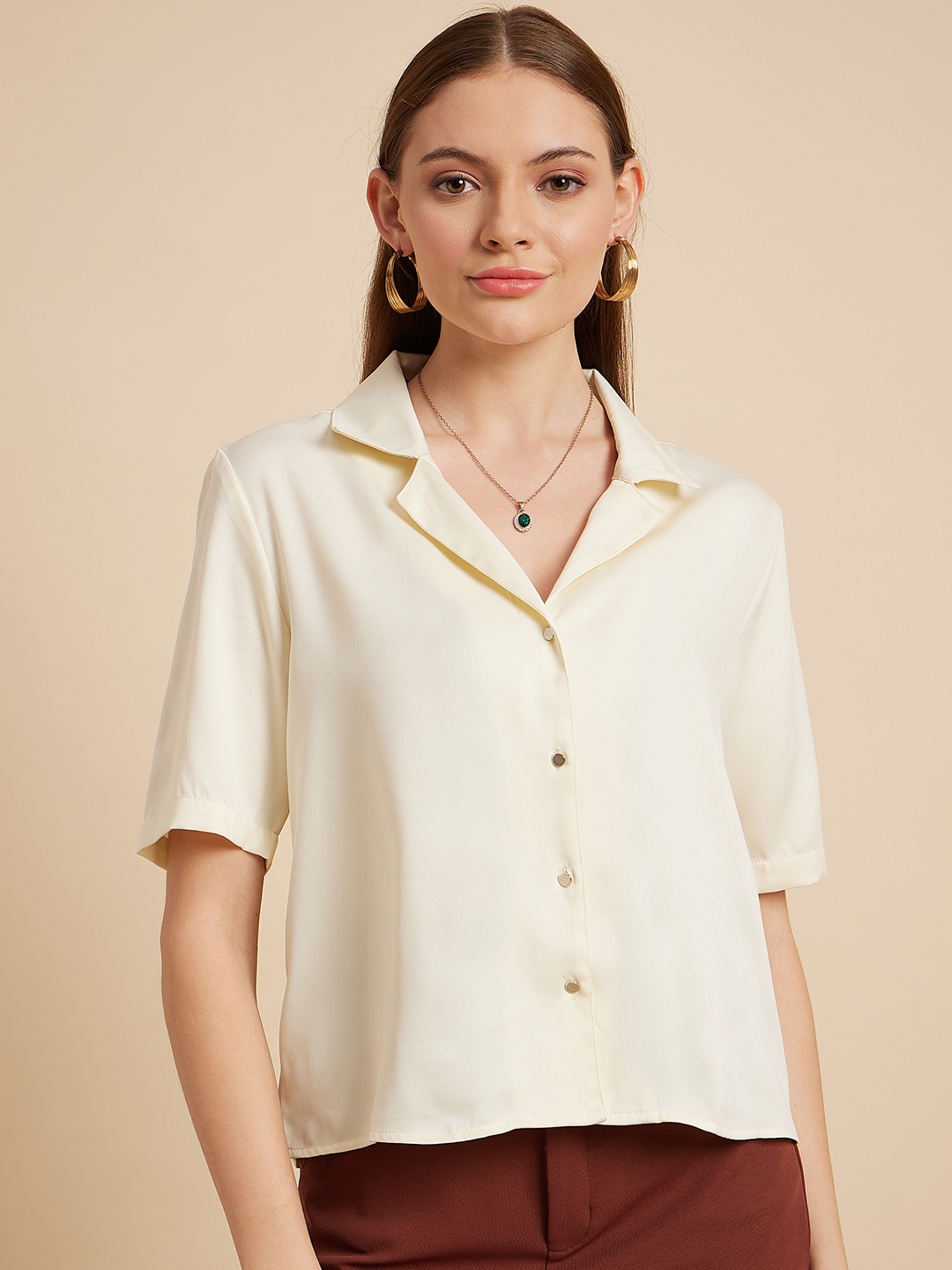 

MINT STREET Comfort Cuban Collar Satin Casual Shirt, Cream