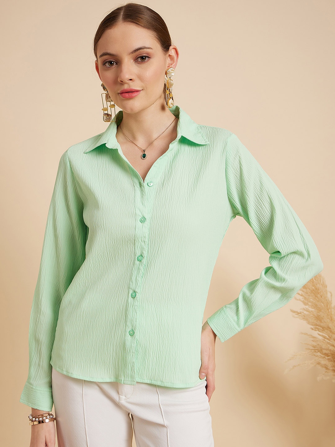 

MINT STREET Comfort Self Design Spread Collar Casual Shirt, Green