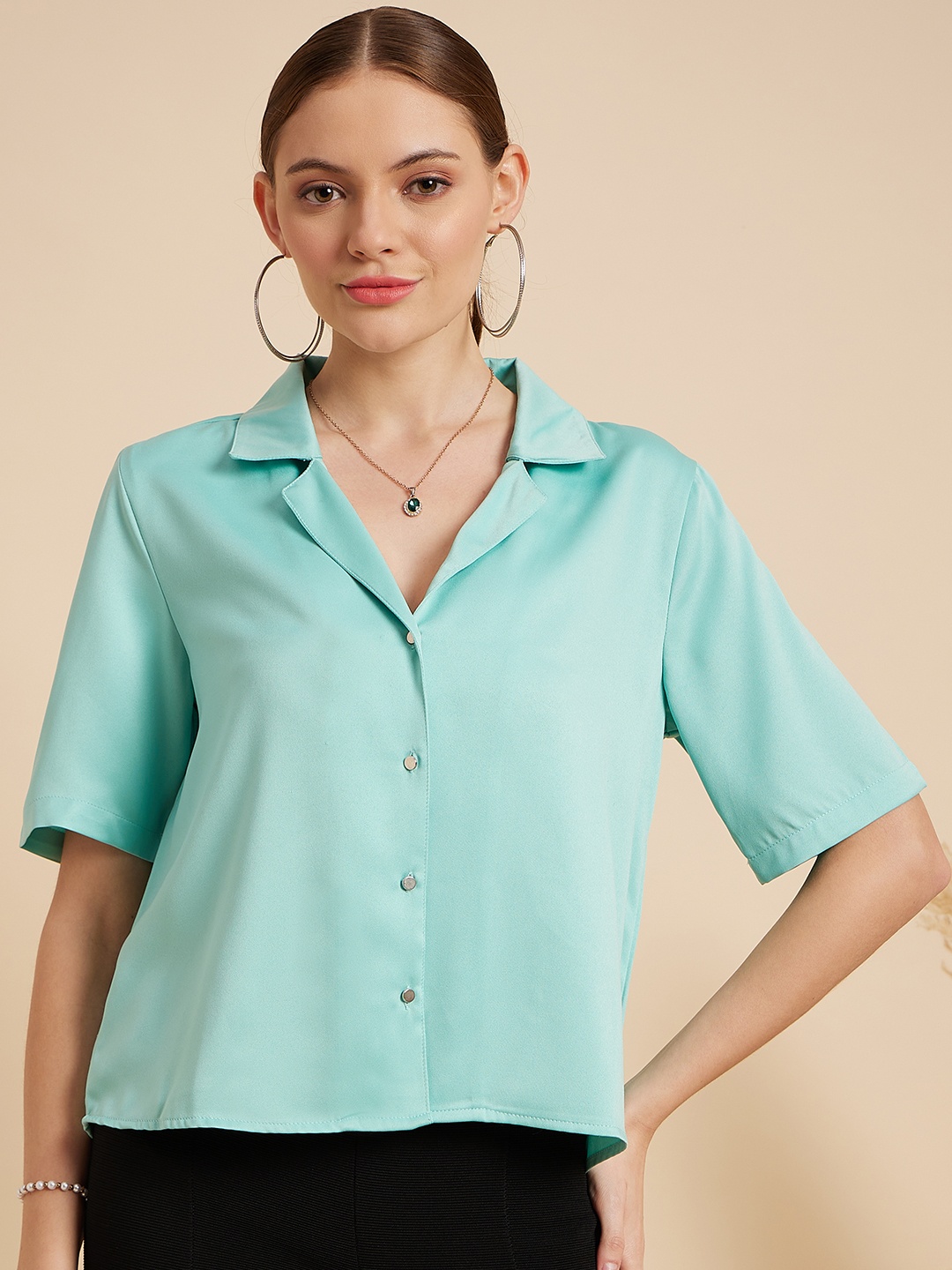 

MINT STREET Comfort Cuban Collar Satin Casual Shirt, Sea green