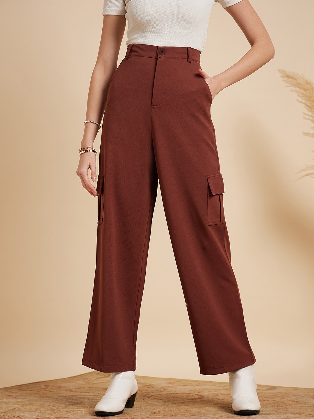 

MINT STREET Women Tailored Straight Fit Parallel Trousers, Brown