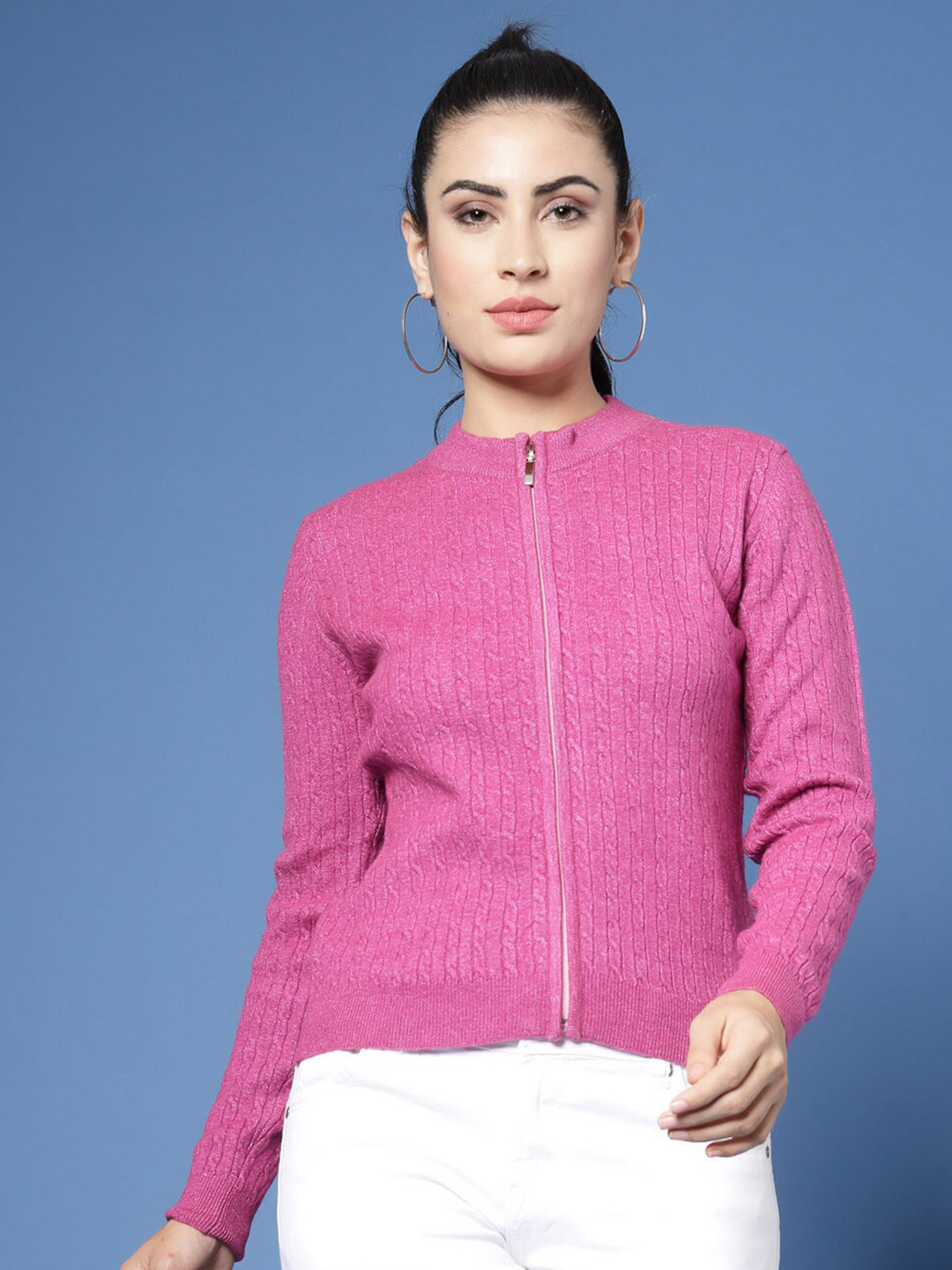 

Wool Trees Striped Zipper Cardigan, Fuchsia