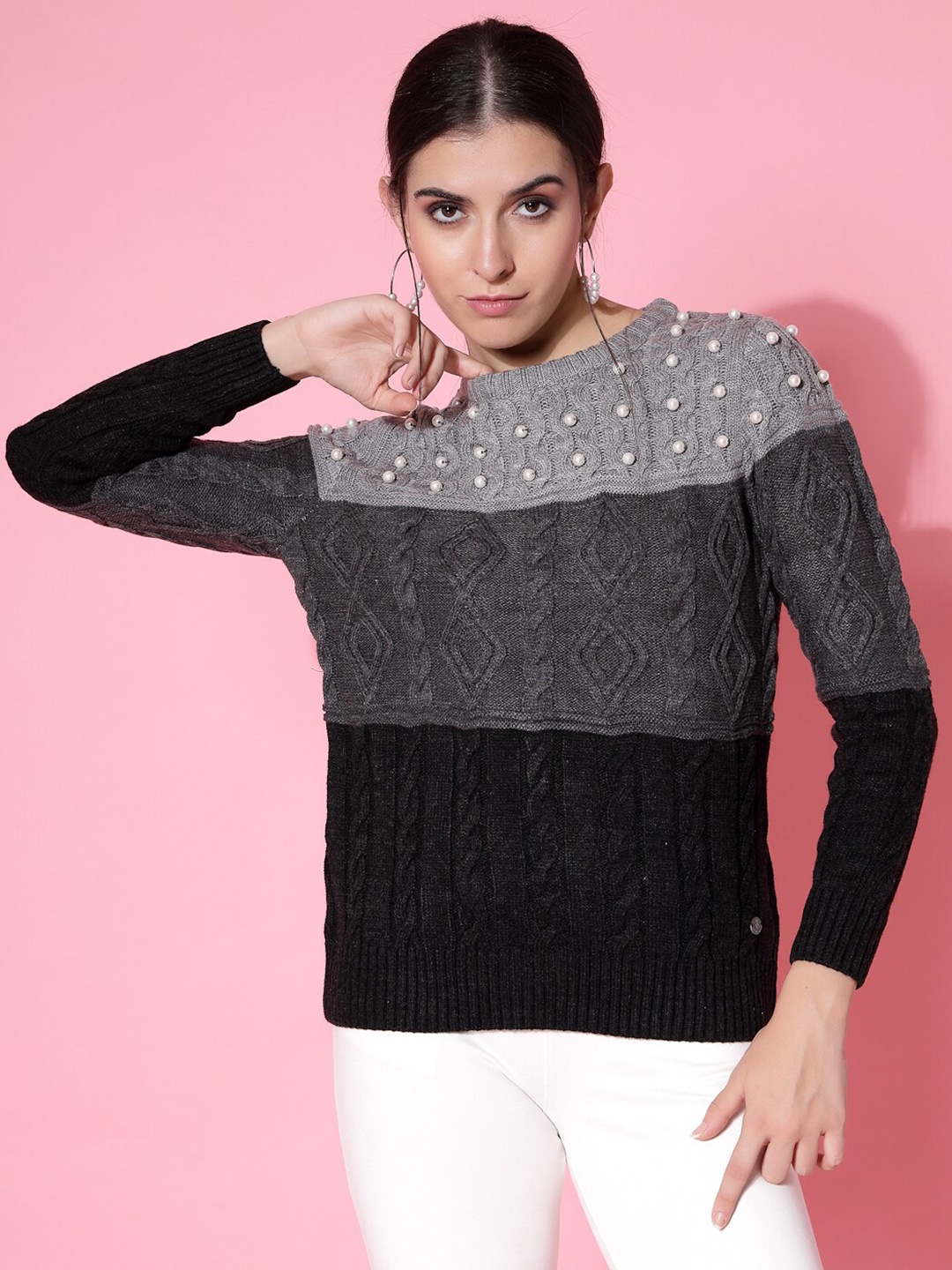 

Wool Trees Colourblocked Pullover with Embellished Detail, Charcoal