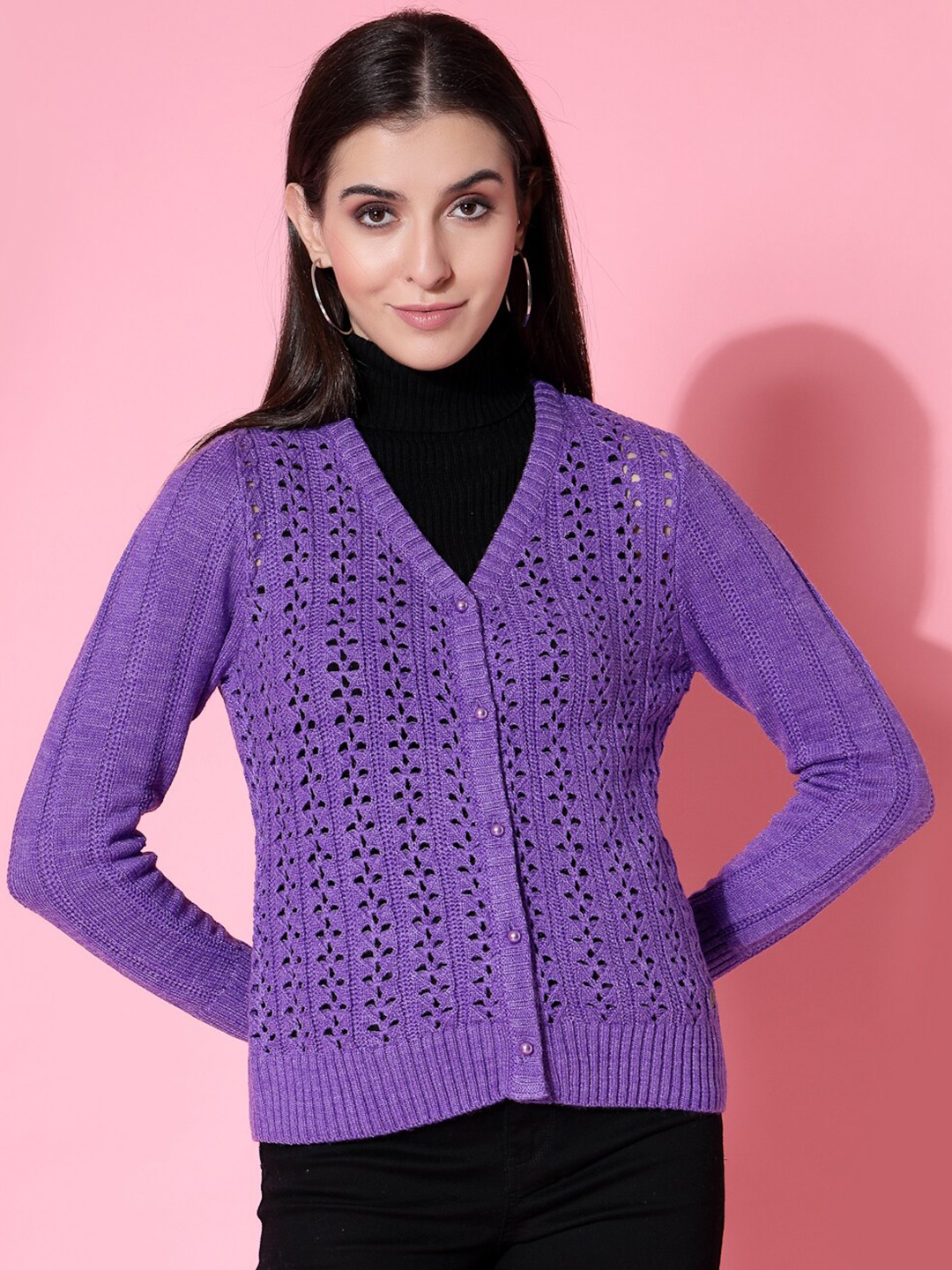 

Wool Trees Open Knit Self Design V-Neck Acrylic Cardigan Sweater, Purple