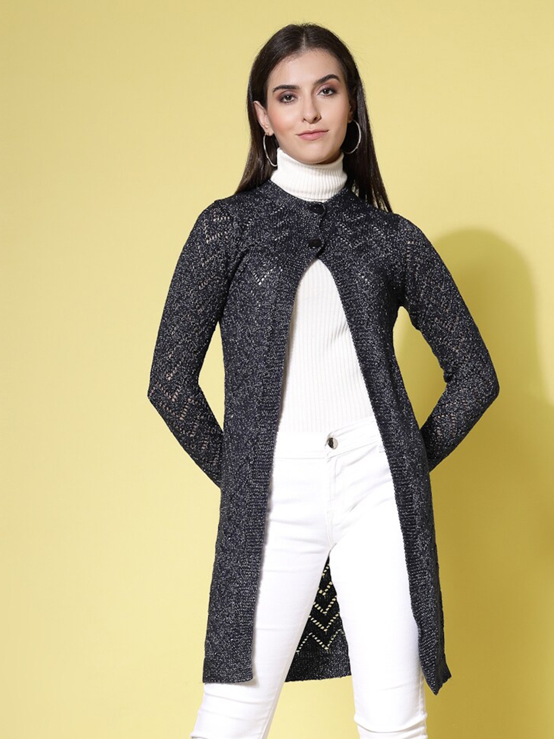 

Wool Trees Self Design Acrylic Longline Shrug, Navy blue